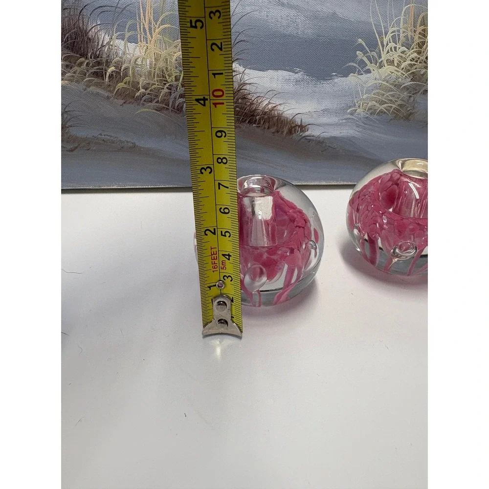 Zimmerman Art Glass Pink Floral Controlled Bubble Candle Holder Set of 2 Indiana